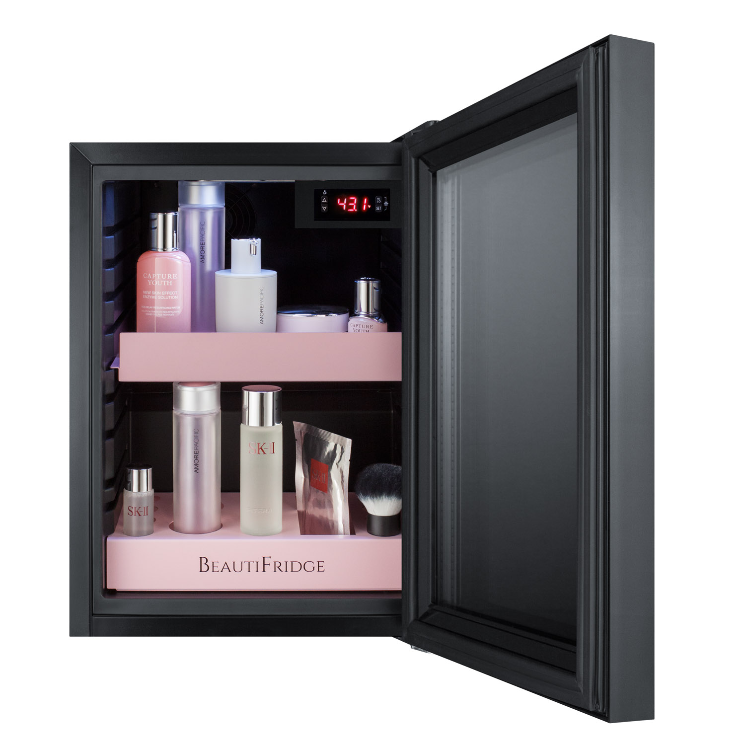 BeautiFridge compact cosmetics cooler with mirror-tinted glass door, black cabinet, lock, matte blush pink shelves, and digital controls set for the storage of beauty products